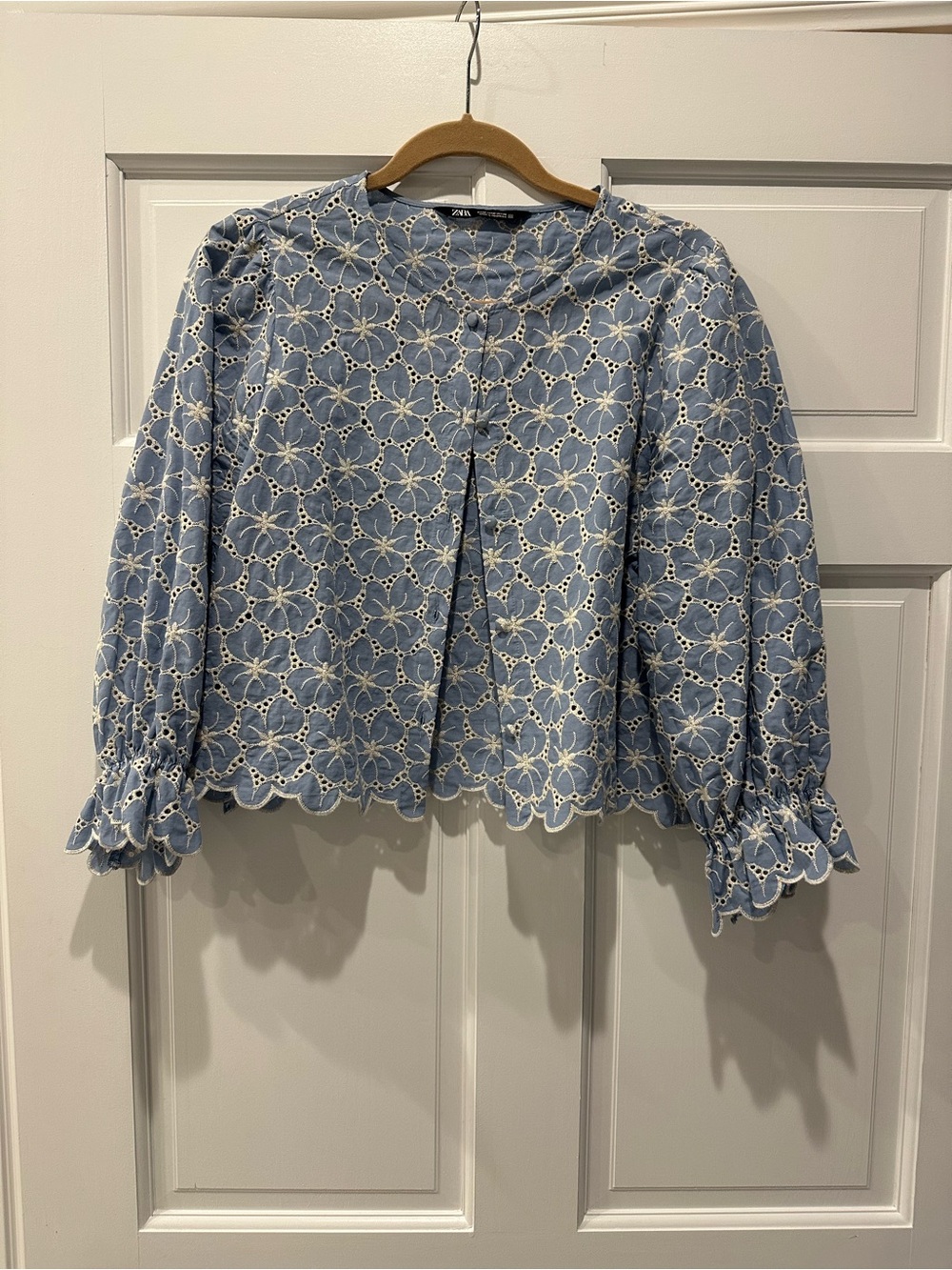 Zara Light Blue Eyelet Lace Cropped Jacket